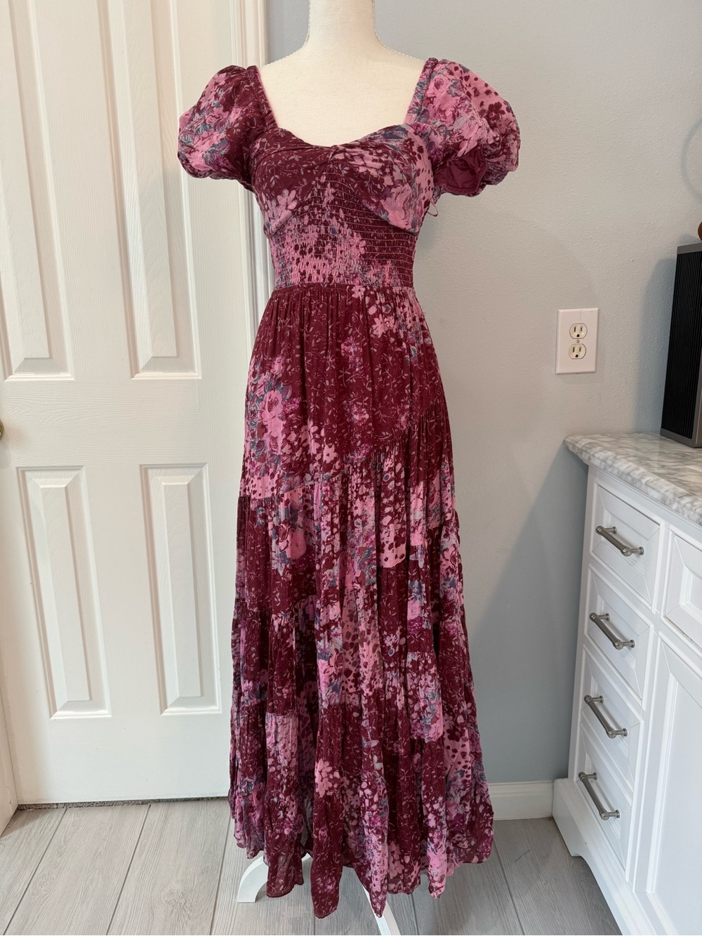 Free People || Sundrenched Maxi Dress Burgundy and Pink Floral